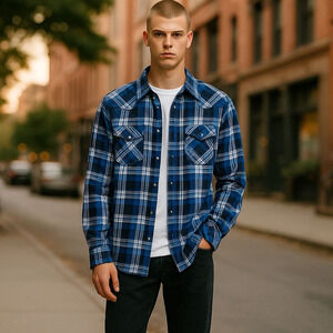 Aeropostale Western Pearl Snap Buttons Blue Plaid Cotton Shirt Size Large